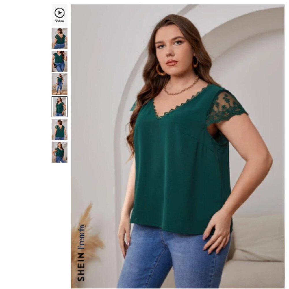 French Style Plus Size Embroidered Mesh V Neck Blouse, Dark Green, 2X / 3X